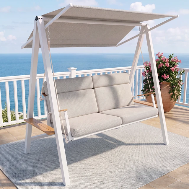 Alt view image 2 of 7 - Outdoor Patio Seaters Metal Swing Chair Swing Bed with Cushion and Adjustable Canopy Color, Grey, Patio Seating