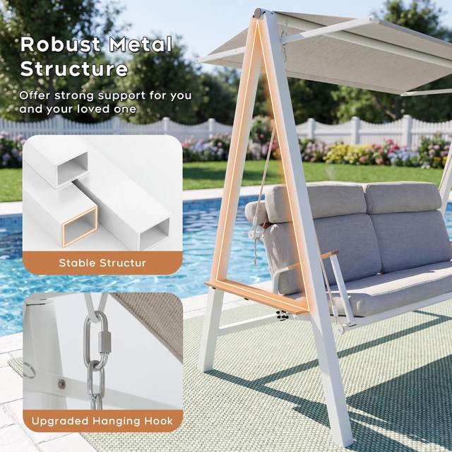 Alt view image 7 of 7 - Outdoor Patio Seaters Metal Swing Chair Swing Bed with Cushion and Adjustable Canopy Color, Grey, Patio Seating