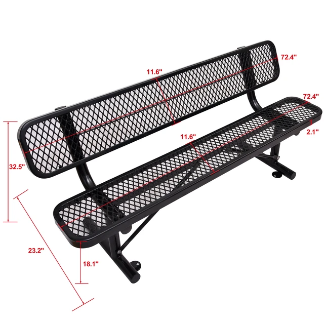 Alt view image 5 of 7 - 6 ft Outdoor Steel Bench with Backrest, Black, Carbon Steel, Patio Seating