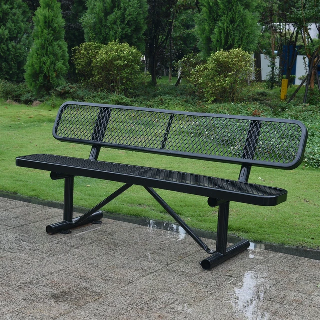 Alt view image 6 of 7 - 6 ft Outdoor Steel Bench with Backrest, Black, Carbon Steel, Patio Seating