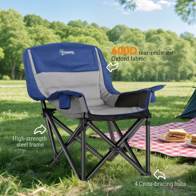 Alt view image 5 of 7 - Single Padded Camping Chair for Adults, Portable Folding Camping Chair with Side Pockets Cup Holders and Carry Bag