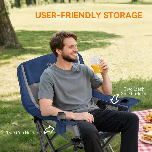 Alt view image 6 of 7 - Single Padded Camping Chair for Adults, Portable Folding Camping Chair with Side Pockets Cup Holders and Carry Bag