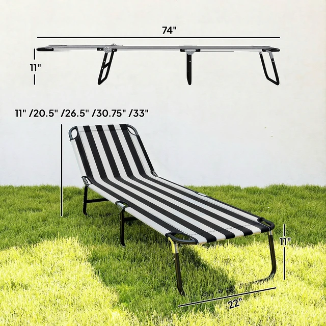 Alt view image 7 of 7 - Folding Chaise Lounge Pool Chairs, Outdoor Sun Tanning Chairs with 5 Level Reclining Back Steel Frame for Beach Yard