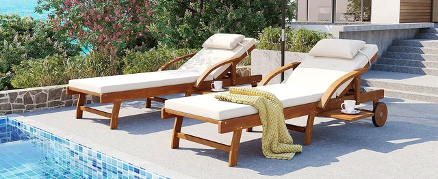 Alt view image 2 of 7 - Pack 77.5 Inch Outdoor Lounge Chairs, Wood Frame Cushioned Adjustable Backrest and Leg Rest Headrest and Retractable
