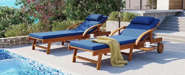 Alt view image 2 of 7 - Pack 77.5 Inch Outdoor Lounge Chairs, Wood Frame Cushioned Adjustable Backrest and Leg Rest Headrest and Retractable