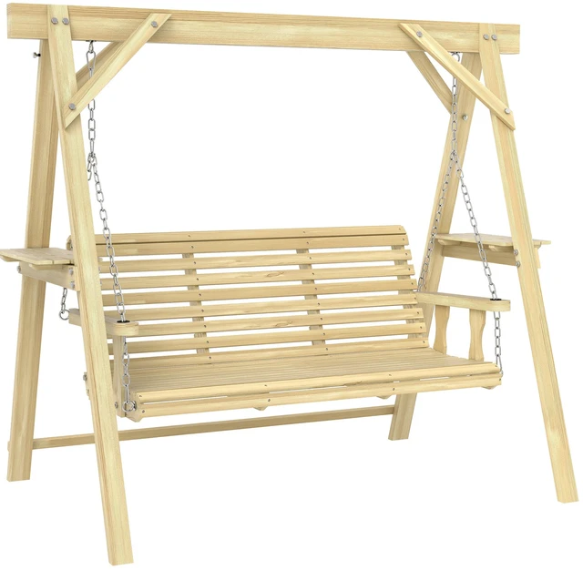 Main image of 3 Seat Swing with Stand, Wooden Patio Swing Chair with Side Tables and Metal Chains Outdoor Bench for Garden Poolside