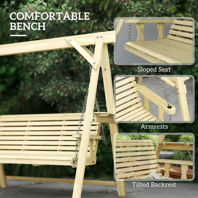 Alt view image 3 of 7 - 3 Seat Swing with Stand, Wooden Patio Swing Chair with Side Tables and Metal Chains Outdoor Bench for Garden Poolside