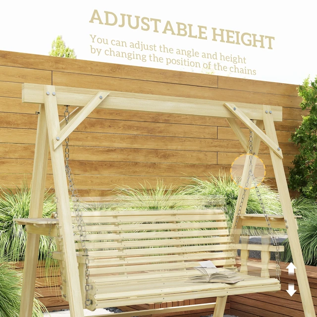 Alt view image 4 of 7 - 3 Seat Swing with Stand, Wooden Patio Swing Chair with Side Tables and Metal Chains Outdoor Bench for Garden Poolside