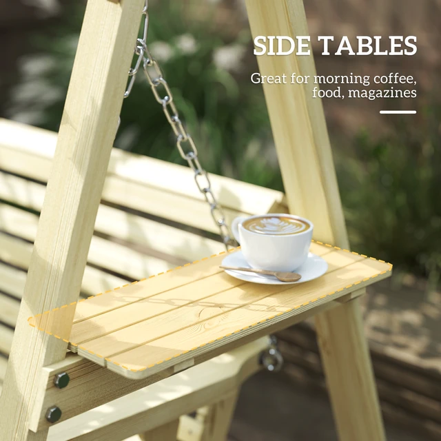 Alt view image 5 of 7 - 3 Seat Swing with Stand, Wooden Patio Swing Chair with Side Tables and Metal Chains Outdoor Bench for Garden Poolside