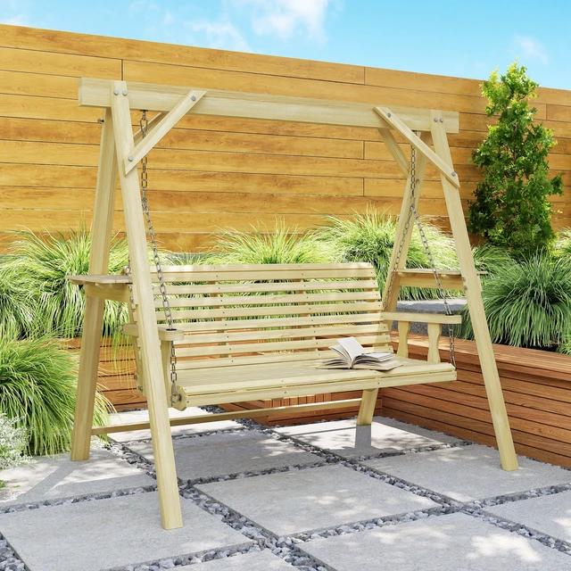 Alt view image 2 of 7 - 3 Seat Swing with Stand, Wooden Patio Swing Chair with Side Tables and Metal Chains Outdoor Bench for Garden Poolside