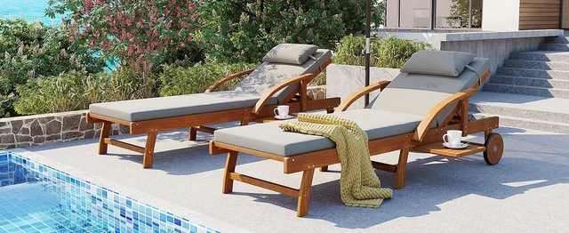 Alt view image 2 of 7 - Pack 77.5 Inch Outdoor Lounge Chairs, Wood Frame Cushioned Adjustable Backrest and Leg Rest Headrest and Retractable