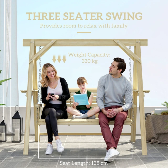 Alt view image 6 of 7 - 3 Seat Swing with Stand, Wooden Patio Swing Chair with Side Tables and Metal Chains Outdoor Bench for Garden Poolside