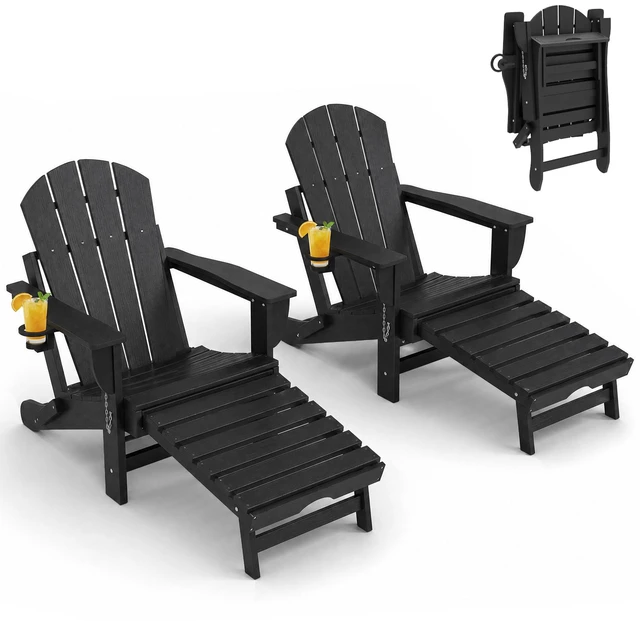 Main image of Folding Adirondack Chair Set, Outdoor HDPE Fire Pit Chair with Retractable Ottoman Cup Holder and Large Seat for Deck