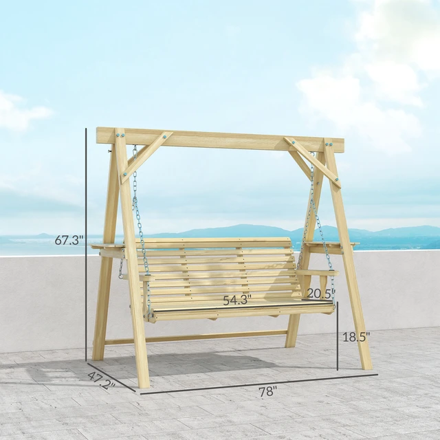 Alt view image 7 of 7 - 3 Seat Swing with Stand, Wooden Patio Swing Chair with Side Tables and Metal Chains Outdoor Bench for Garden Poolside
