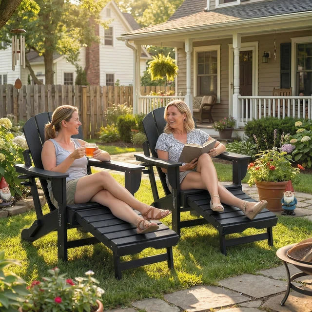 Alt view image 2 of 7 - Folding Adirondack Chair Set, Outdoor HDPE Fire Pit Chair with Retractable Ottoman Cup Holder and Large Seat for Deck