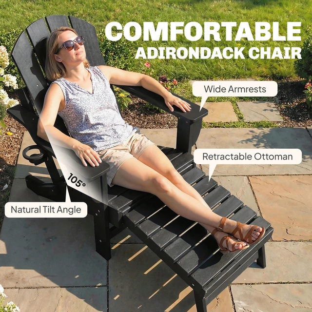 Alt view image 5 of 7 - Folding Adirondack Chair Set, Outdoor HDPE Fire Pit Chair with Retractable Ottoman Cup Holder and Large Seat for Deck