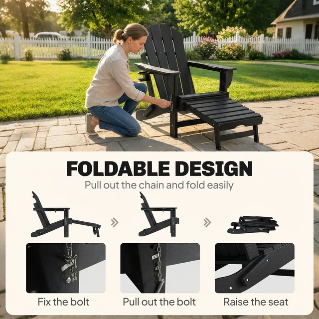 Alt view image 4 of 7 - Folding Adirondack Chair Set, Outdoor HDPE Fire Pit Chair with Retractable Ottoman Cup Holder and Large Seat for Deck