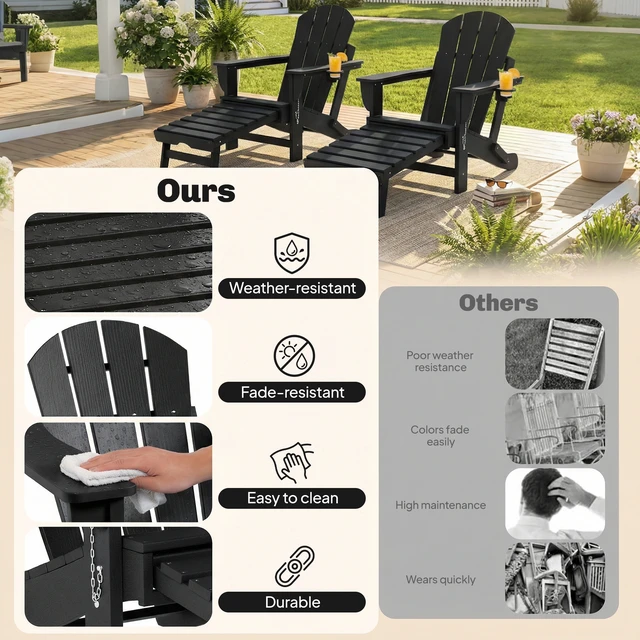 Alt view image 6 of 7 - Folding Adirondack Chair Set, Outdoor HDPE Fire Pit Chair with Retractable Ottoman Cup Holder and Large Seat for Deck