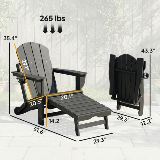Alt view image 7 of 7 - Folding Adirondack Chair Set, Outdoor HDPE Fire Pit Chair with Retractable Ottoman Cup Holder and Large Seat for Deck