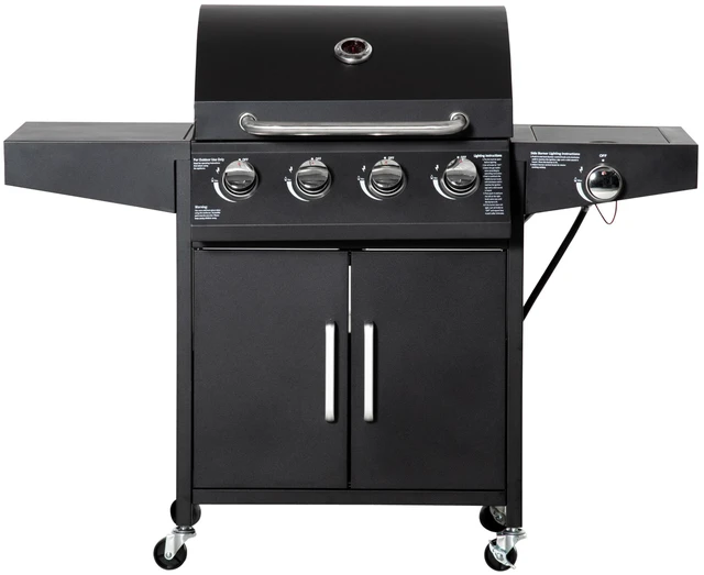 Main image of 4 Burner Propane Gas Grill with Side Burner, Steel Outdoor Barbeque Barbecue Wheels Warming Rack Shelf Cabinet