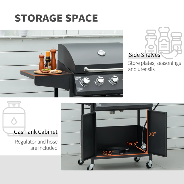 Alt view image 4 of 7 - 4 Burner Propane Gas Grill with Side Burner, Steel Outdoor Barbeque Barbecue Wheels Warming Rack Shelf Cabinet