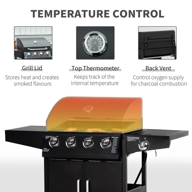 Alt view image 5 of 7 - 4 Burner Propane Gas Grill with Side Burner, Steel Outdoor Barbeque Barbecue Wheels Warming Rack Shelf Cabinet