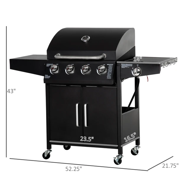 Alt view image 7 of 7 - 4 Burner Propane Gas Grill with Side Burner, Steel Outdoor Barbeque Barbecue Wheels Warming Rack Shelf Cabinet