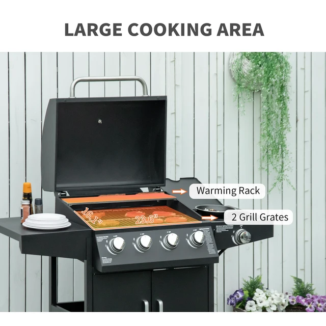 Alt view image 6 of 7 - 4 Burner Propane Gas Grill with Side Burner, Steel Outdoor Barbeque Barbecue Wheels Warming Rack Shelf Cabinet