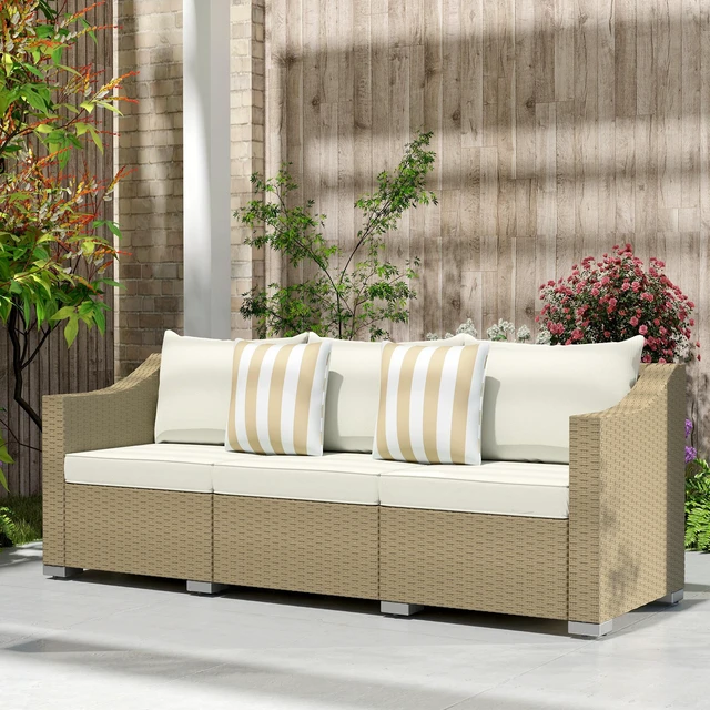 Alt view image 2 of 7 - Seater Patio Sofa, Wicker Sofa with Cushions Outdoor Furniture Rattan Couch with Throw Pillows Seating for Garden