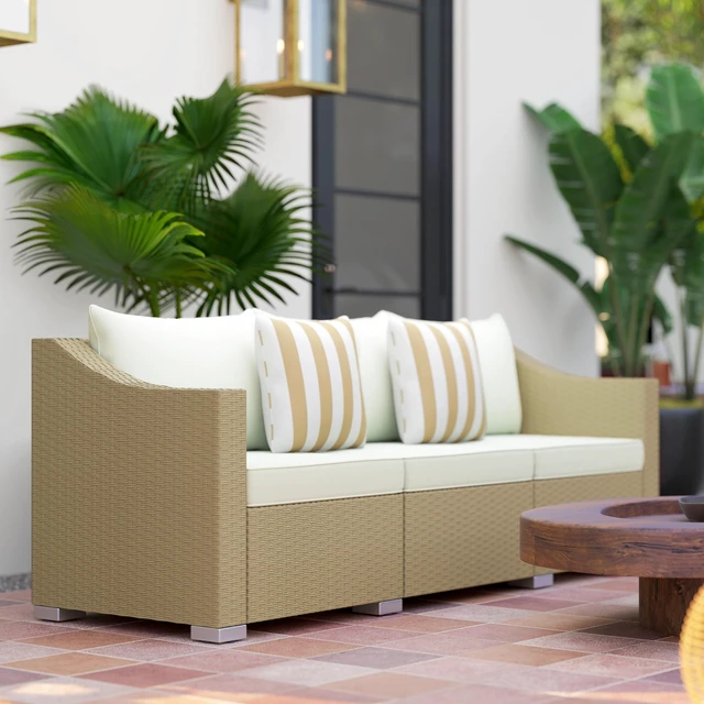 Alt view image 4 of 7 - Seater Patio Sofa, Wicker Sofa with Cushions Outdoor Furniture Rattan Couch with Throw Pillows Seating for Garden