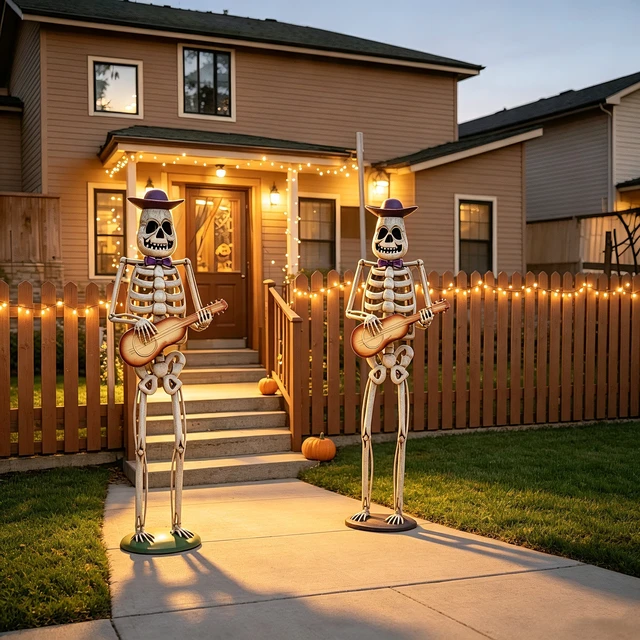 Alt view image 2 of 7 - Halloween Skeleton Guitar Yard Decoration, 61.8 Inch Metal Skeleton Statue with Purple Hat and Bow Tie for Outdoor Lawn