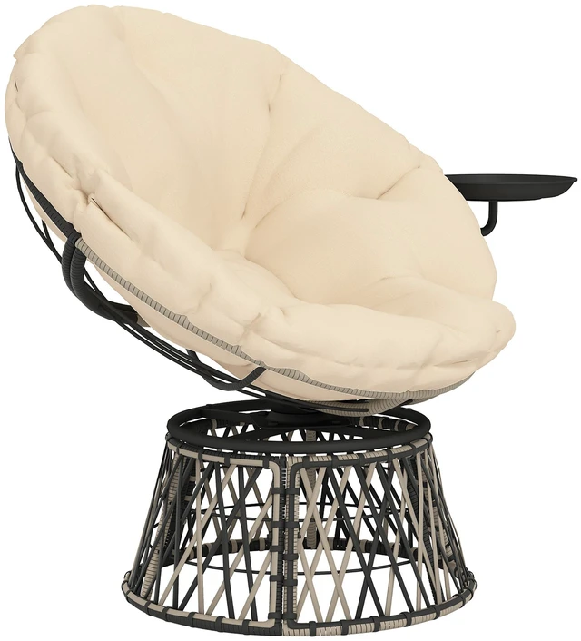 Main image of 39 Inch Outdoor Papasan Chair with Side Tray, 360° Swivel Overstuffed Circle Chair with Thickened Cushion Wicker