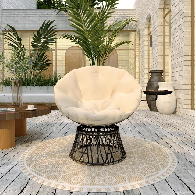 Alt view image 2 of 7 - 39 Inch Outdoor Papasan Chair with Side Tray, 360° Swivel Overstuffed Circle Chair with Thickened Cushion Wicker