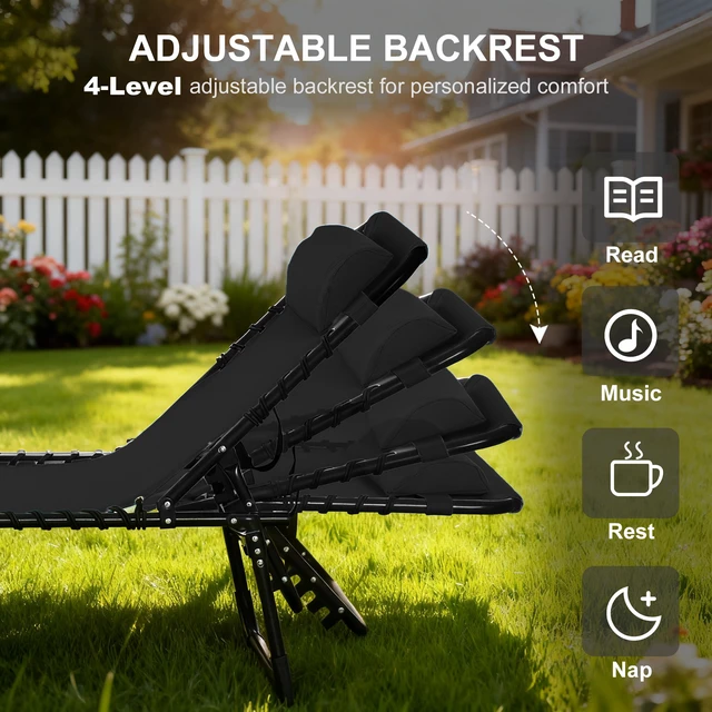 Alt view image 7 of 7 - Folding Chaise Lounge Chair, Patio Sun Tanning Chair Outdoor Chaise Lounger with Position Reclining Back Breathable