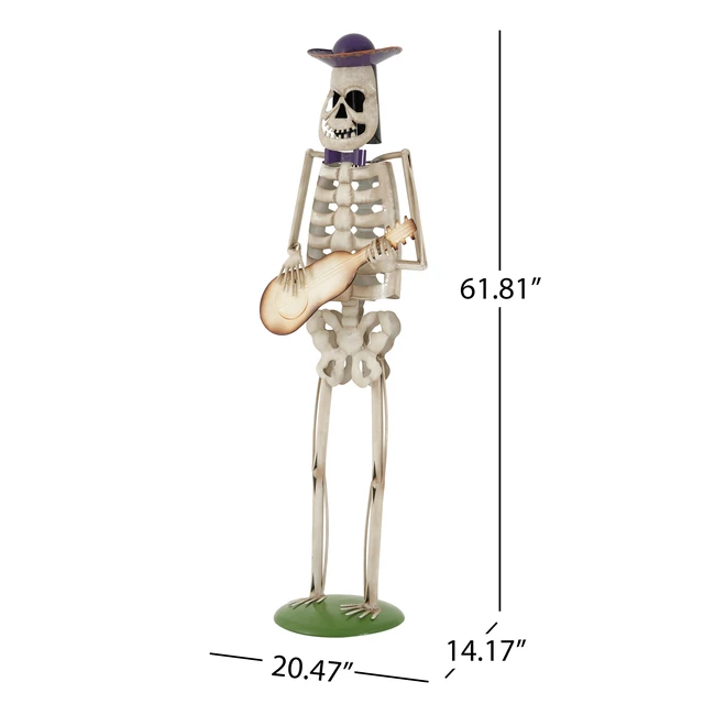 Alt view image 3 of 7 - Halloween Skeleton Guitar Yard Decoration, 61.8 Inch Metal Skeleton Statue with Purple Hat and Bow Tie for Outdoor Lawn