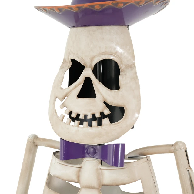Alt view image 4 of 7 - Halloween Skeleton Guitar Yard Decoration, 61.8 Inch Metal Skeleton Statue with Purple Hat and Bow Tie for Outdoor Lawn