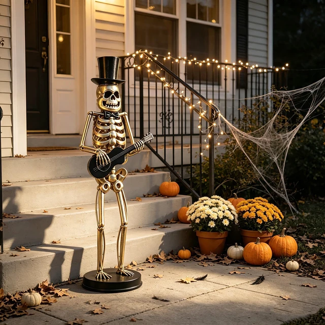 Main image of Metal Skeleton Musician Statue, 64.6 Inch Standing Guitar Player Skeleton with Top Hat and Bow Tie Large Metal