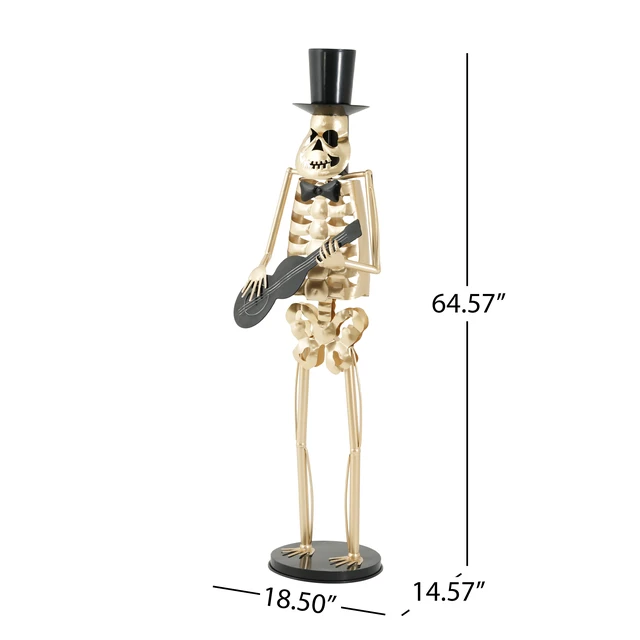 Alt view image 3 of 7 - Metal Skeleton Musician Statue, 64.6 Inch Standing Guitar Player Skeleton with Top Hat and Bow Tie Large Metal