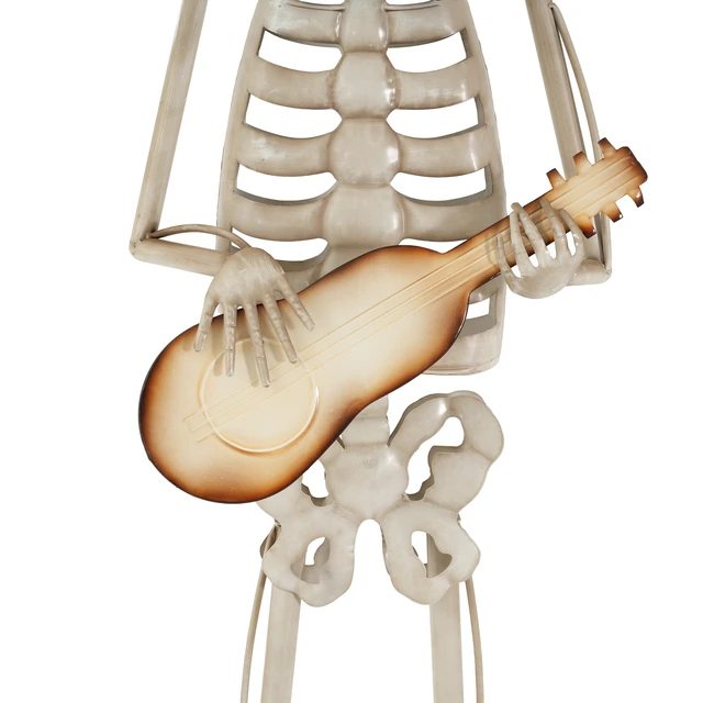 Alt view image 7 of 7 - Halloween Skeleton Guitar Yard Decoration, 61.8 Inch Metal Skeleton Statue with Purple Hat and Bow Tie for Outdoor Lawn