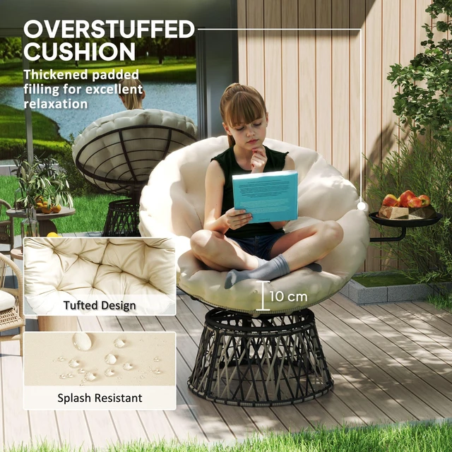 Alt view image 4 of 7 - 39 Inch Outdoor Papasan Chair with Side Tray, 360° Swivel Overstuffed Circle Chair with Thickened Cushion Wicker