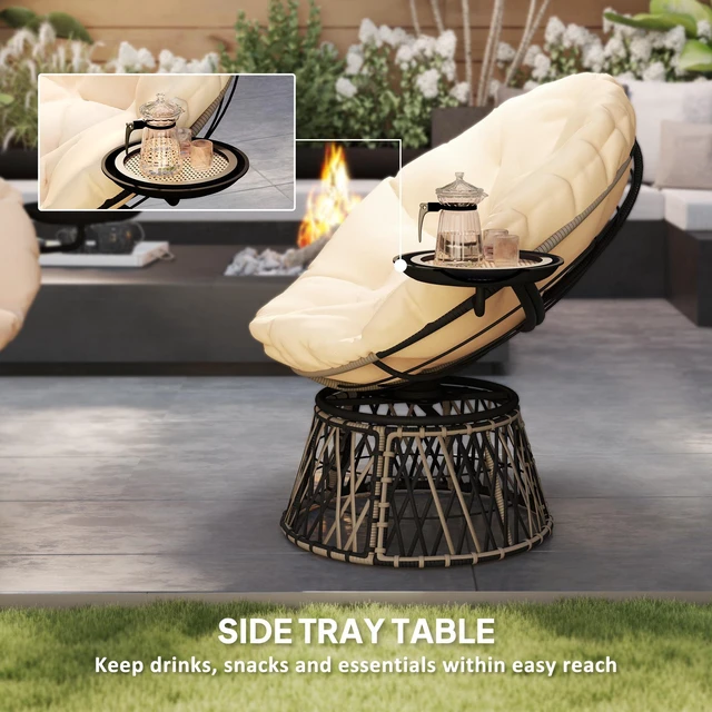 Alt view image 5 of 7 - 39 Inch Outdoor Papasan Chair with Side Tray, 360° Swivel Overstuffed Circle Chair with Thickened Cushion Wicker
