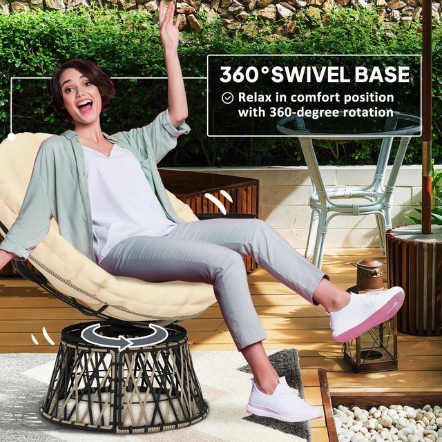 Alt view image 6 of 7 - 39 Inch Outdoor Papasan Chair with Side Tray, 360° Swivel Overstuffed Circle Chair with Thickened Cushion Wicker