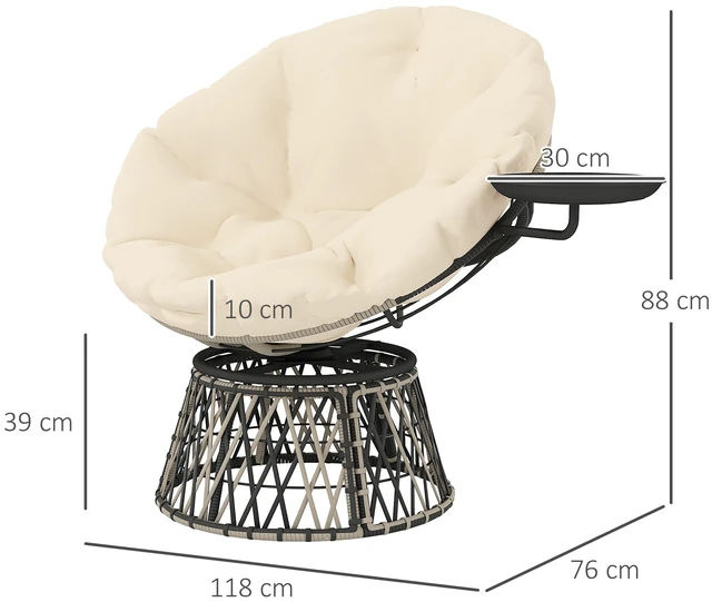 Alt view image 7 of 7 - 39 Inch Outdoor Papasan Chair with Side Tray, 360° Swivel Overstuffed Circle Chair with Thickened Cushion Wicker