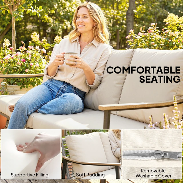 Alt view image 4 of 7 - Outdoor Patio Couch, Seater Outdoor Sofa with Effect Armrests and Wicker Backrest Patio Furniture Couch with Cushions