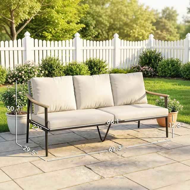 Alt view image 7 of 7 - Outdoor Patio Couch, Seater Outdoor Sofa with Effect Armrests and Wicker Backrest Patio Furniture Couch with Cushions
