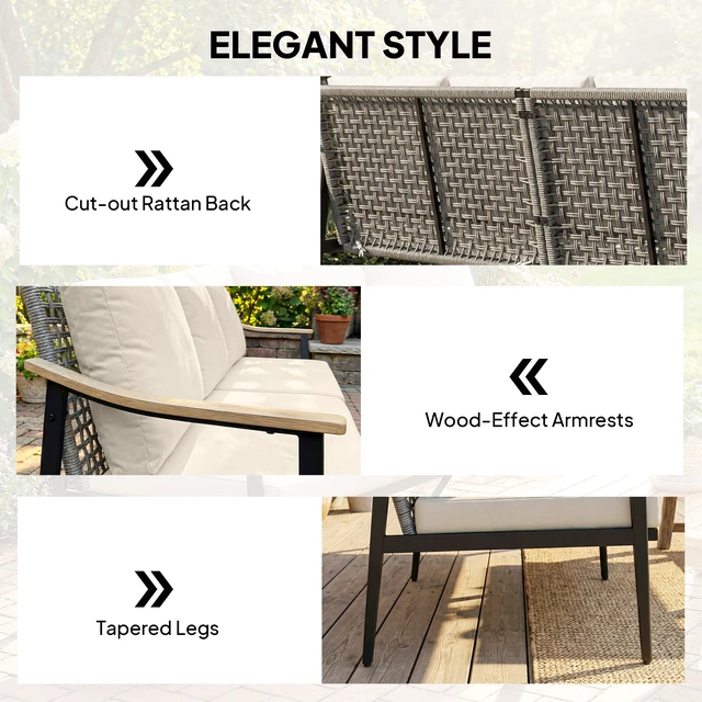 Alt view image 5 of 7 - Outdoor Patio Couch, Seater Outdoor Sofa with Effect Armrests and Wicker Backrest Patio Furniture Couch with Cushions