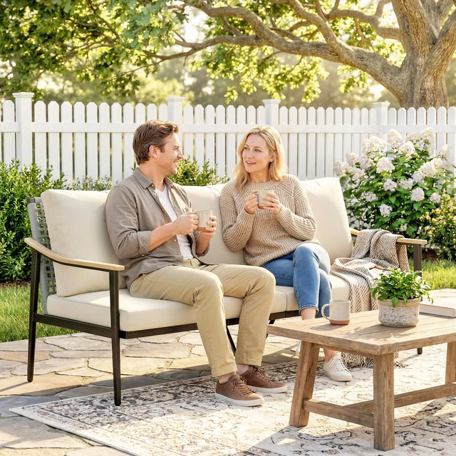 Alt view image 2 of 7 - Outdoor Patio Couch, Seater Outdoor Sofa with Effect Armrests and Wicker Backrest Patio Furniture Couch with Cushions