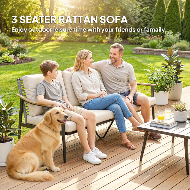 Alt view image 6 of 7 - Outdoor Patio Couch, Seater Outdoor Sofa with Effect Armrests and Wicker Backrest Patio Furniture Couch with Cushions