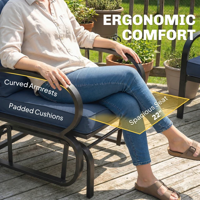 Alt view image 4 of 7 - Outdoor Glider Chair, Patio Glider with Cushions Steel Frame Curved Armrests Single Rocking Chair for Yard Garden
