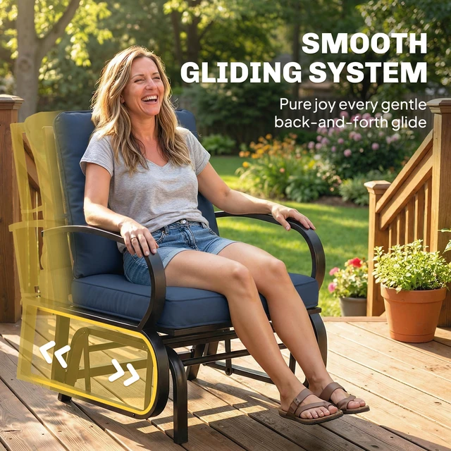 Alt view image 6 of 7 - Outdoor Glider Chair, Patio Glider with Cushions Steel Frame Curved Armrests Single Rocking Chair for Yard Garden